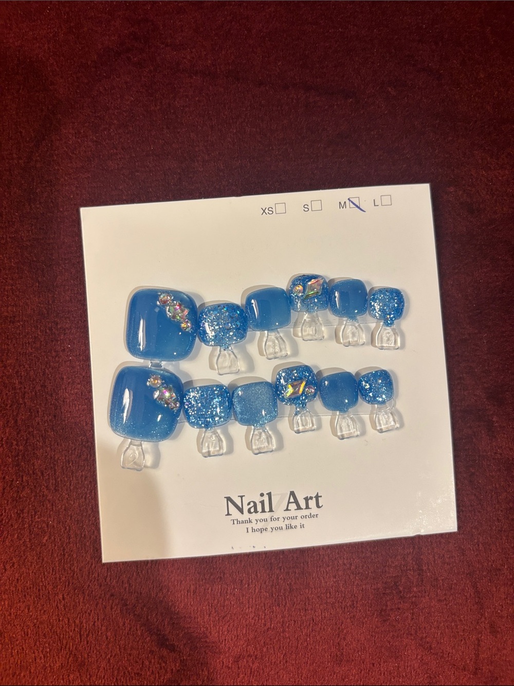 Blue Glitter Press-On Toe Nails with Rhinestones